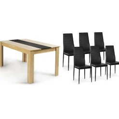 Ensemble table à manger GEORGIA 140 cm imitation hêtre et noire et 6 chaises ROMANE noires