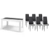 Ensemble table à manger GEORGIA 140 cm blanche et noire et 6 chaises ROMANE noires liseré blanc