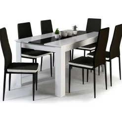 Ensemble table à manger GEORGIA 140 cm blanche et noire et 6 chaises ROMANE noires liseré blanc