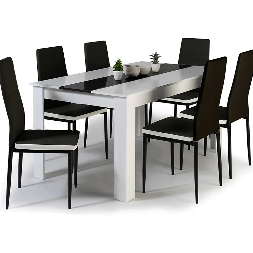 Ensemble table à manger GEORGIA 140 cm blanche et noire et 6 chaises ROMANE noires liseré blanc
