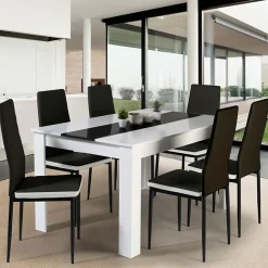 Ensemble table à manger GEORGIA 140 cm blanche et noire et 6 chaises ROMANE noires liseré blanc
