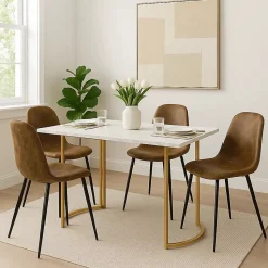 Ensemble table à manger marbre blanc doré avec 4 chaises brun