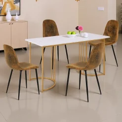 Ensemble table à manger marbre blanc doré avec 4 chaises brun