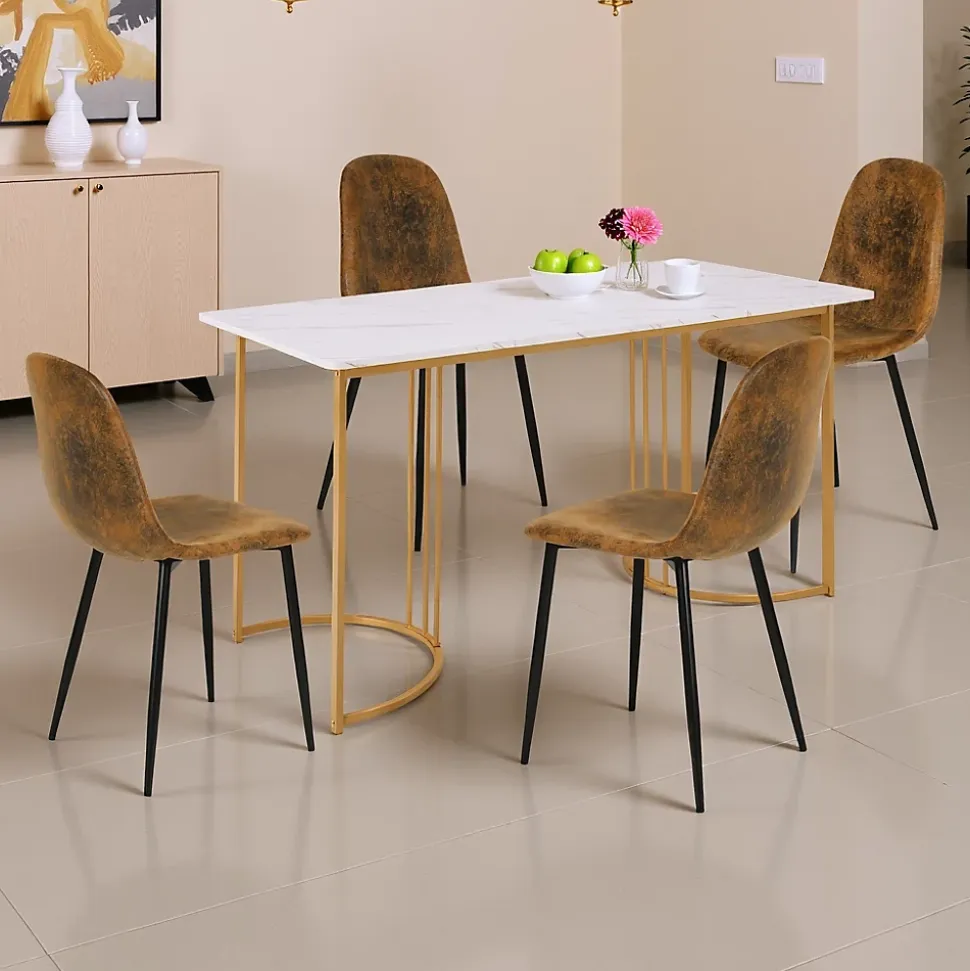 Ensemble table à manger marbre blanc doré avec 4 chaises brun