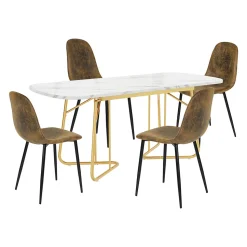 Ensemble table à manger marbre blanc doré avec 4 chaises brun