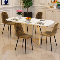 Ensemble table à manger marbre blanc doré avec 4 chaises brun
