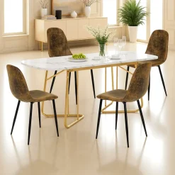 Ensemble table à manger marbre blanc doré avec 4 chaises brun