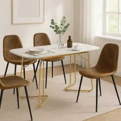 Ensemble table à manger marbre blanc doré avec 4 chaises brun