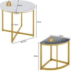 Ensemble table avec 4 chaises, plateau ronde en MDF, cadre en fer plaqué or, chaise en velours, D80x75cm+D33x46cm, gris