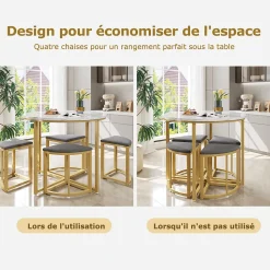 Ensemble table avec 4 chaises, plateau ronde en MDF, cadre en fer plaqué or, chaise en velours, D80x75cm+D33x46cm, gris