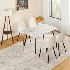 Ensemble table blanche effet marbre et 4 chaises scandinaves blanches cassées