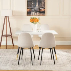 Ensemble table blanche effet marbre et 4 chaises scandinaves blanches cassées