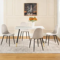 Ensemble table blanche effet marbre et 4 chaises scandinaves blanches cassées