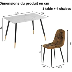 Ensemble table blanche effet marbre et 4 chaises scandinaves rétros