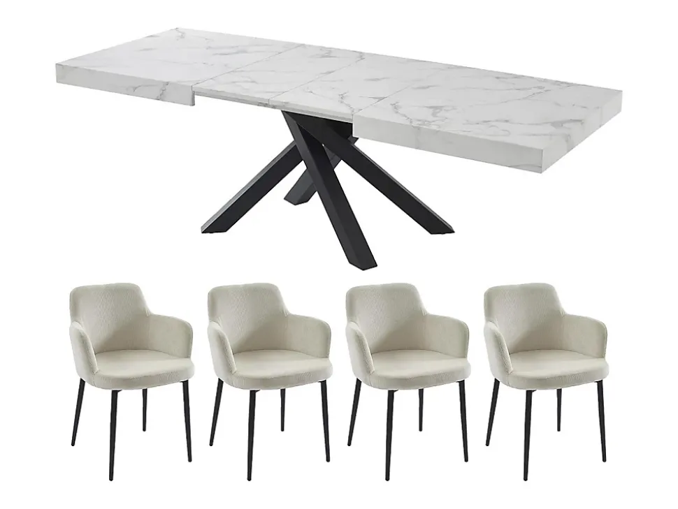 Ensemble table CATONAV + 4 chaises CELOLA - Blanc et crème