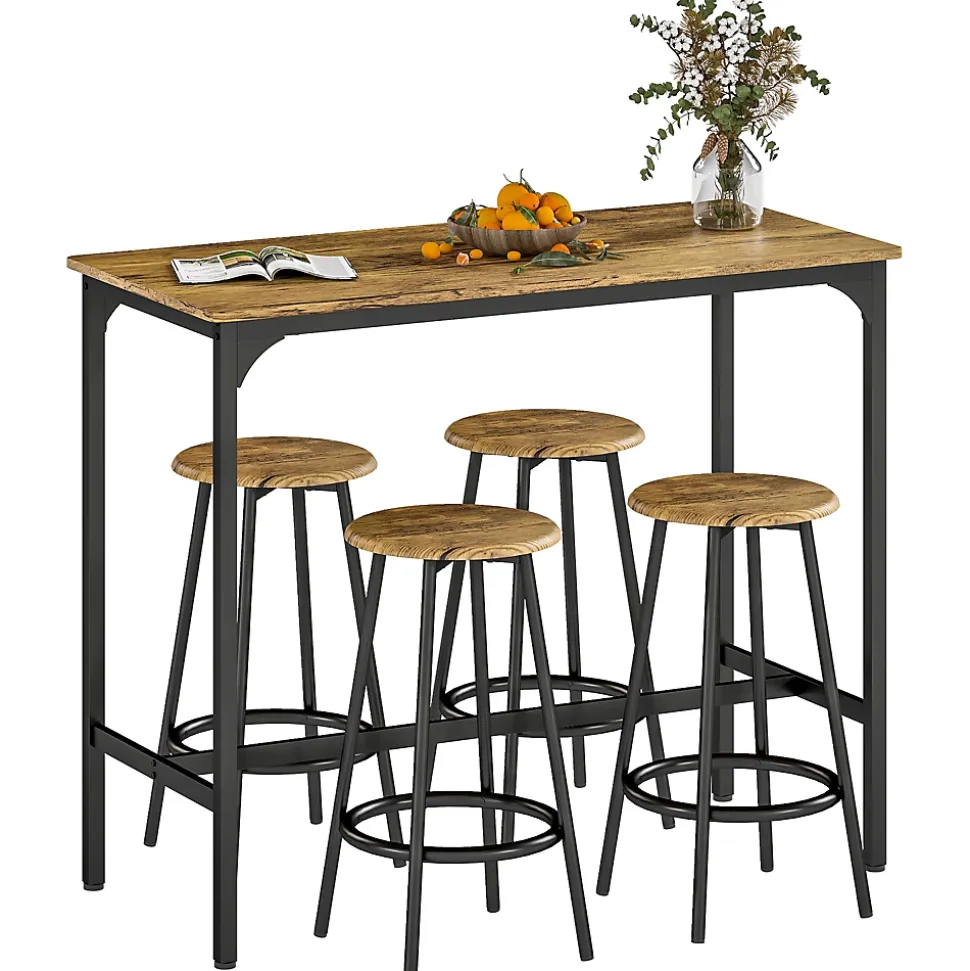 Ensemble table de bar 4 tabourets style industriel métal noir aspect bois vieilli