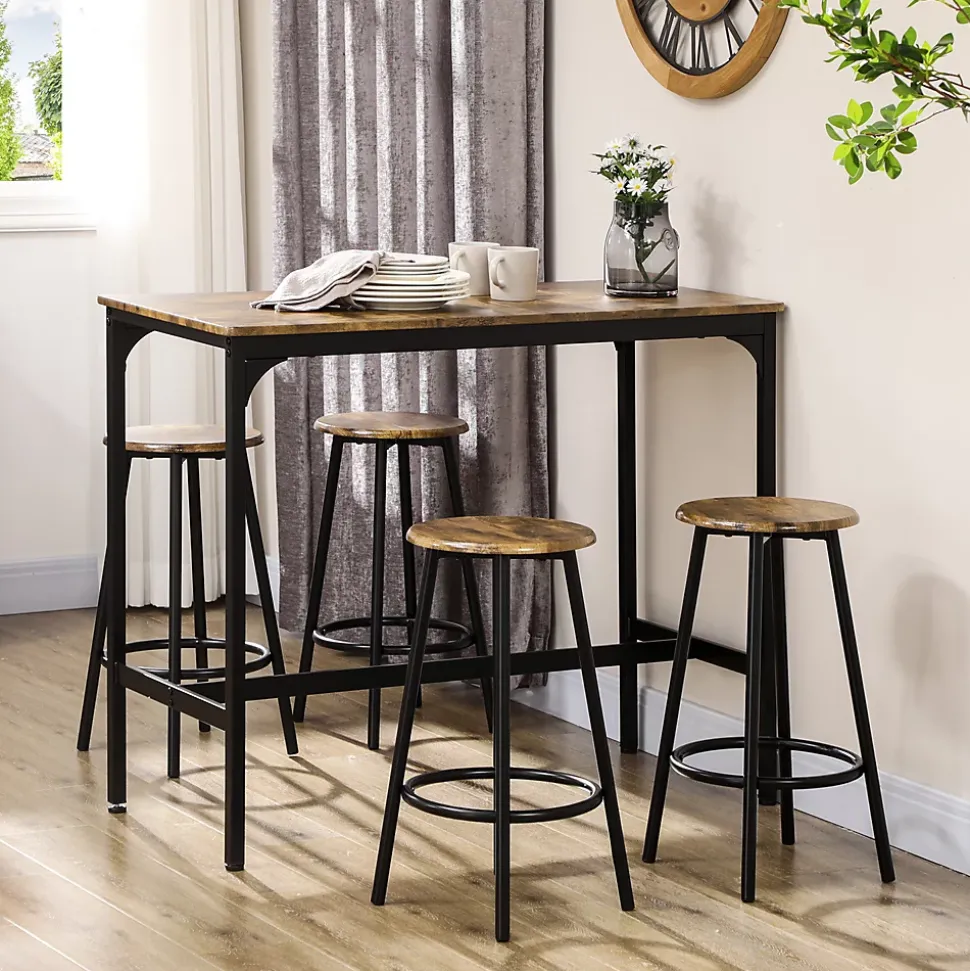Ensemble table de bar 4 tabourets style industriel métal noir aspect bois vieilli