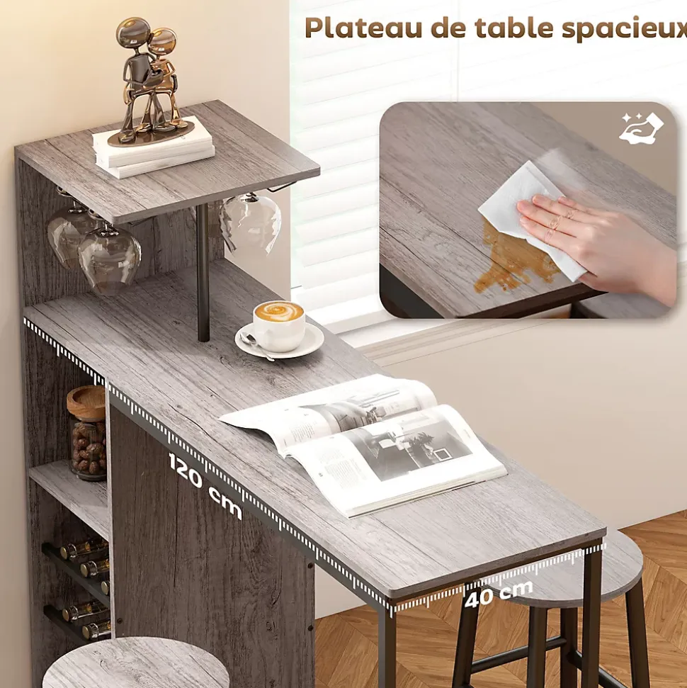 Ensemble table de bar 2 tabourets - étagères, casiers à vin, porte verres - effet bois naturel