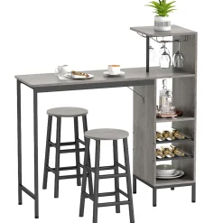 Ensemble table de bar 2 tabourets - étagères, casiers à vin, porte verres - effet bois naturel