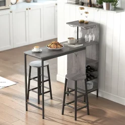 Ensemble table de bar 2 tabourets - étagères, casiers à vin, porte verres - effet bois naturel