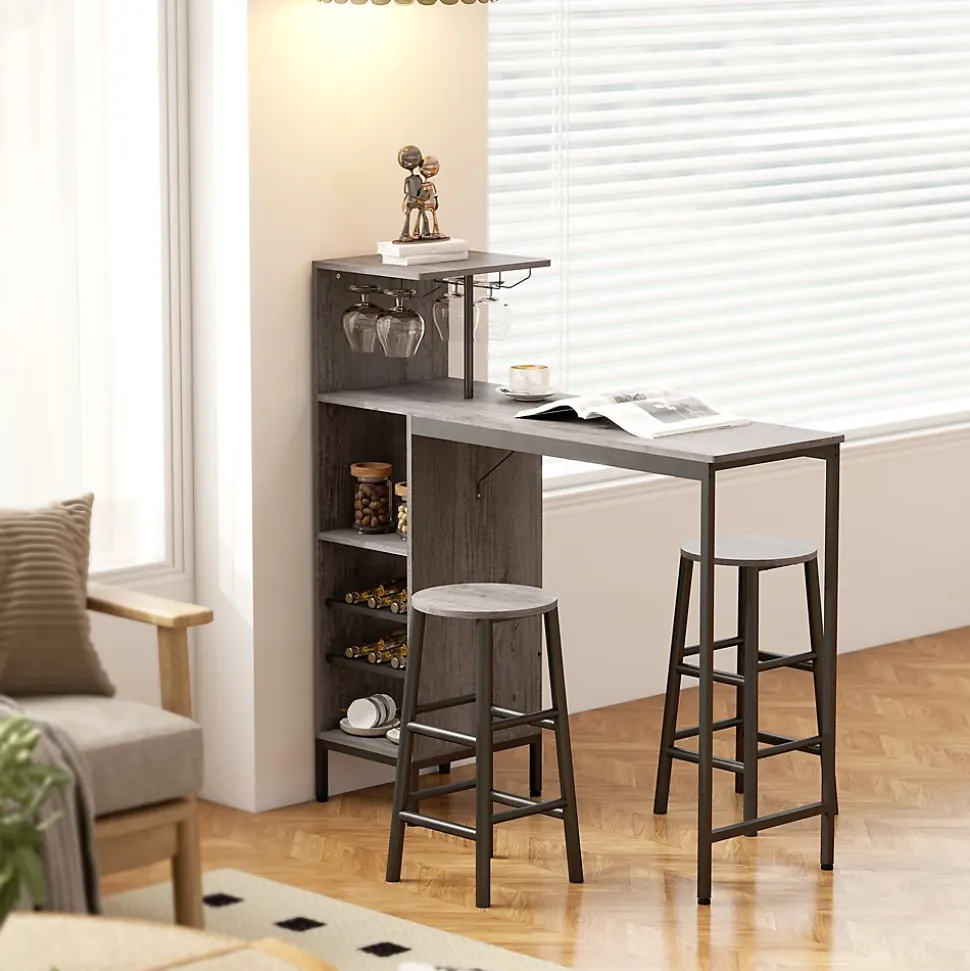 Ensemble table de bar 2 tabourets - étagères, casiers à vin, porte verres - effet bois naturel