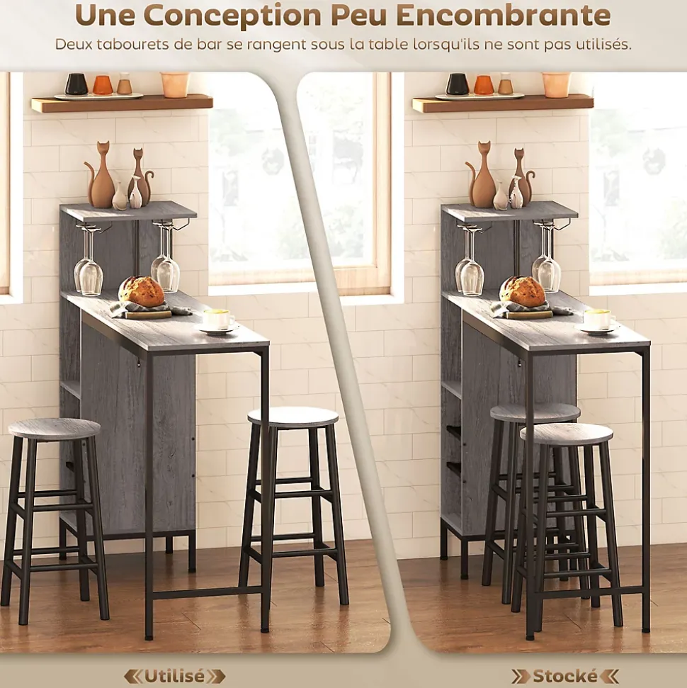 Ensemble table de bar 2 tabourets - étagères, casiers à vin, porte verres - effet bois naturel