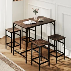 Ensemble table de bar 4 tabourets design industriel métal noir aspect bois