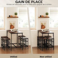 Ensemble table de bar 4 tabourets design industriel métal noir aspect bois