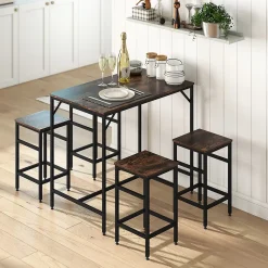 Ensemble table de bar 4 tabourets design industriel métal noir aspect bois