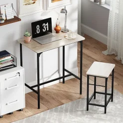 Ensemble table de bar avec 2 tabourets acier noir effet bois de chêne clair