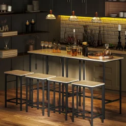 Ensemble table de bar avec 2 tabourets acier noir effet bois de chêne clair
