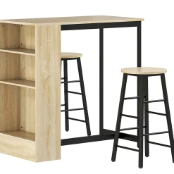 Ensemble table de bar avec 2 tabourets - 3 étagères - acier noir effet bois de chêne clair