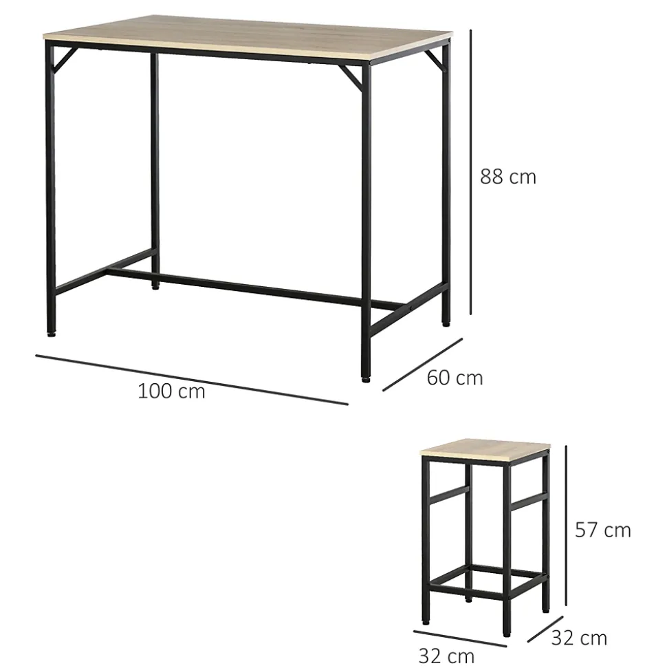 Ensemble table de bar design industriel + 4 tabourets repose-pieds panneaux particules imitation chêne clair métal noir