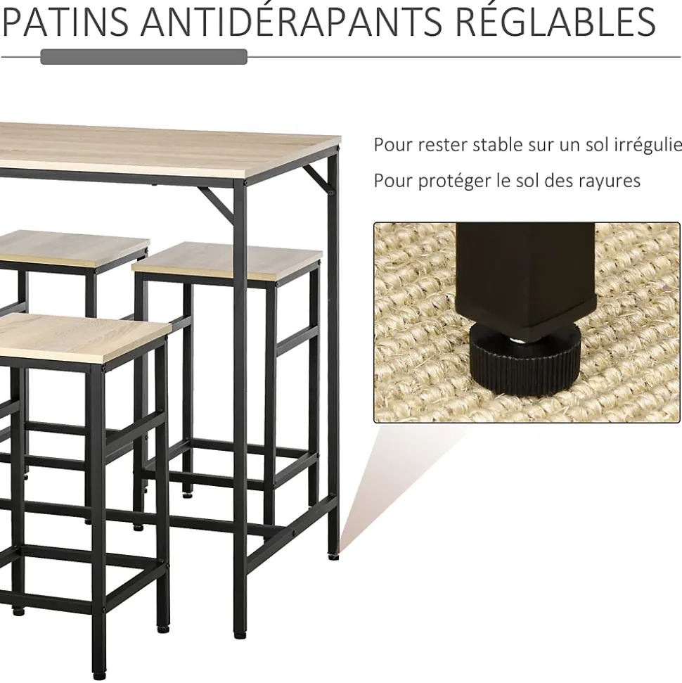 Ensemble table de bar design industriel + 4 tabourets repose-pieds panneaux particules imitation chêne clair métal noir