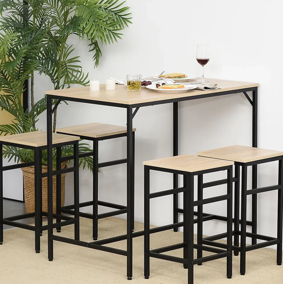 Ensemble table de bar design industriel + 4 tabourets repose-pieds panneaux particules imitation chêne clair métal noir