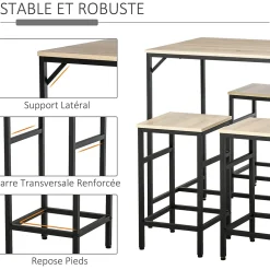 Ensemble table de bar design industriel + 4 tabourets repose-pieds panneaux particules imitation chêne clair métal noir
