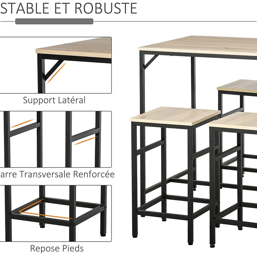 Ensemble table de bar design industriel + 4 tabourets repose-pieds panneaux particules imitation chêne clair métal noir