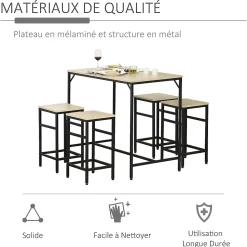 Ensemble table de bar design industriel + 4 tabourets repose-pieds panneaux particules imitation chêne clair métal noir