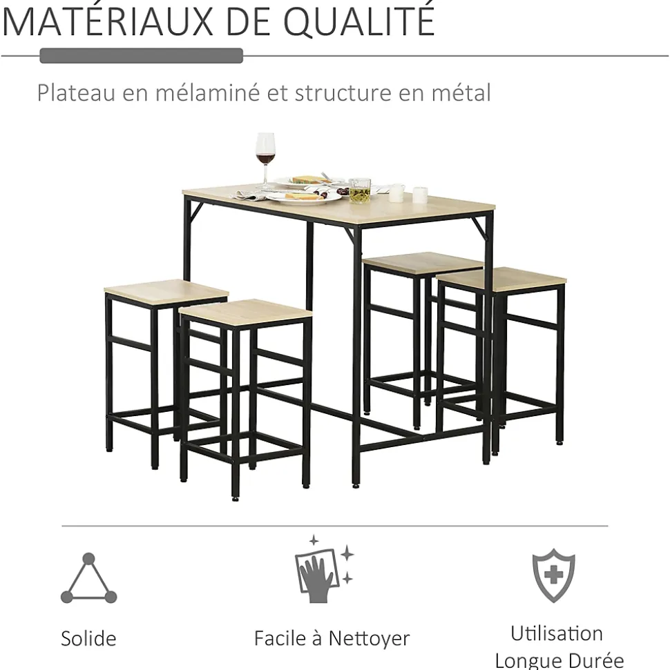Ensemble table de bar design industriel + 4 tabourets repose-pieds panneaux particules imitation chêne clair métal noir