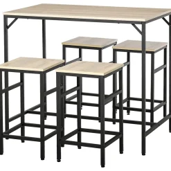 Ensemble table de bar design industriel + 4 tabourets repose-pieds panneaux particules imitation chêne clair métal noir