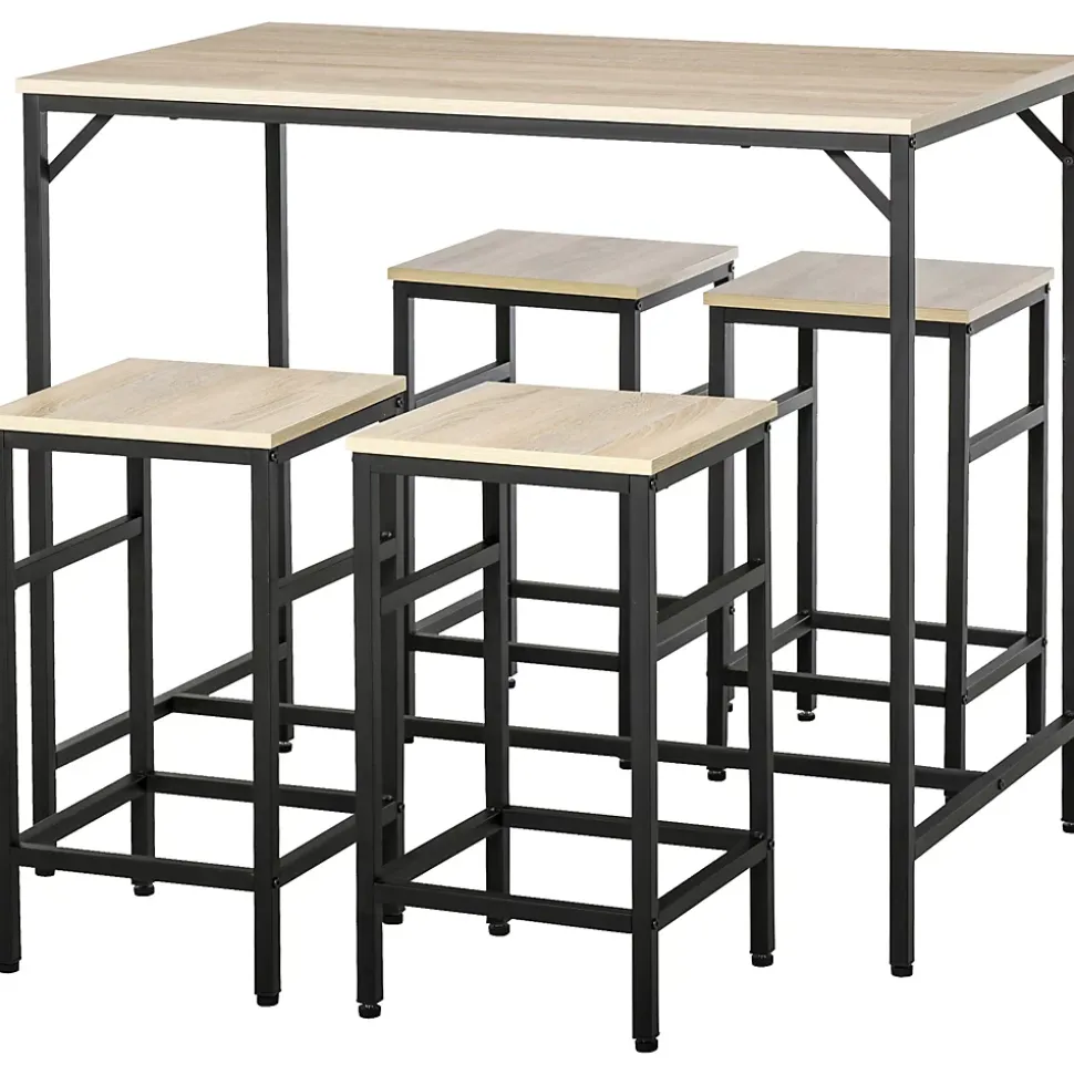 Ensemble table de bar design industriel + 4 tabourets repose-pieds panneaux particules imitation chêne clair métal noir