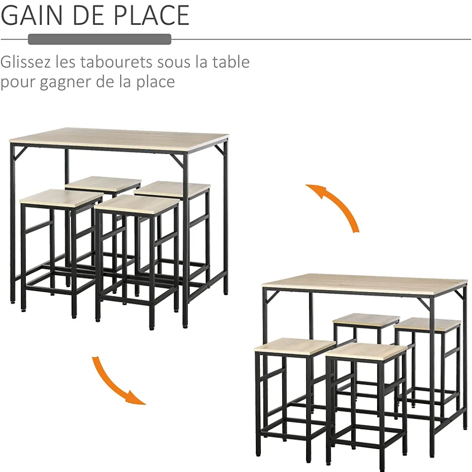 Ensemble table de bar design industriel + 4 tabourets repose-pieds panneaux particules imitation chêne clair métal noir