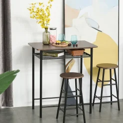 Ensemble table de bar design industriel + 2 tabourets MDF imitation bois noyer métal noir