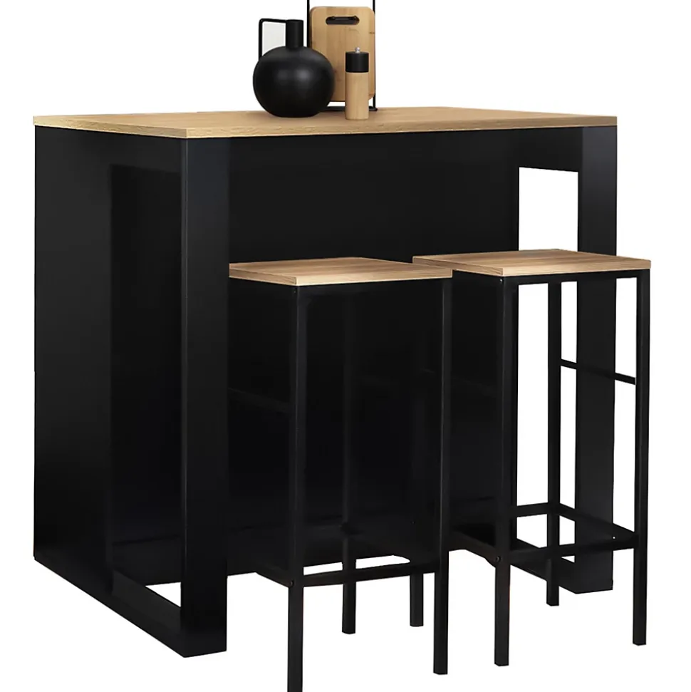 Ensemble table de bar îlot JUNO bois noir avec plateau façon hêtre et 2 tabourets de bar DETROIT