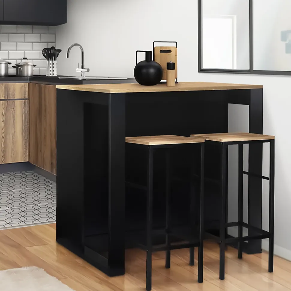 Ensemble table de bar îlot JUNO bois noir avec plateau façon hêtre et 2 tabourets de bar DETROIT