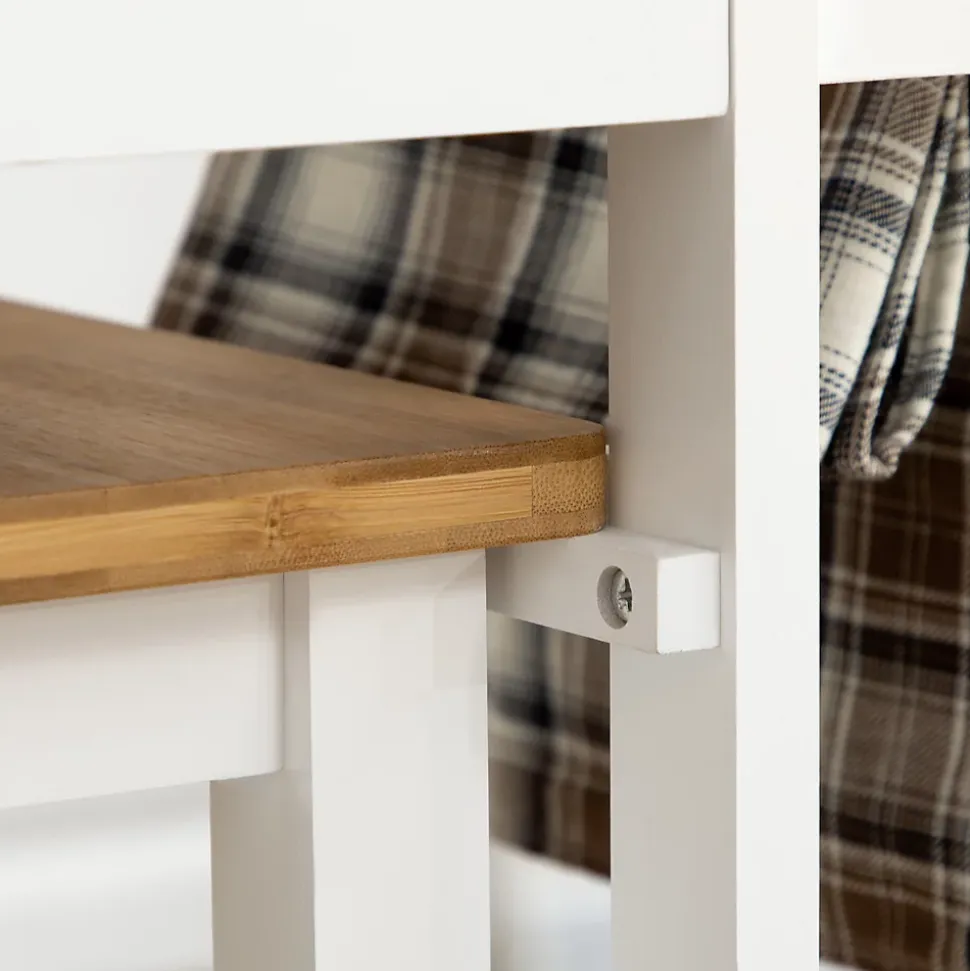 Ensemble table de bar pliable sur roulettes avec 2 tiroirs - 2 tabourets inclus - bois bambou verni et blanc