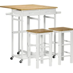 Ensemble table de bar pliable sur roulettes avec 2 tiroirs - 2 tabourets inclus - bois bambou verni et blanc