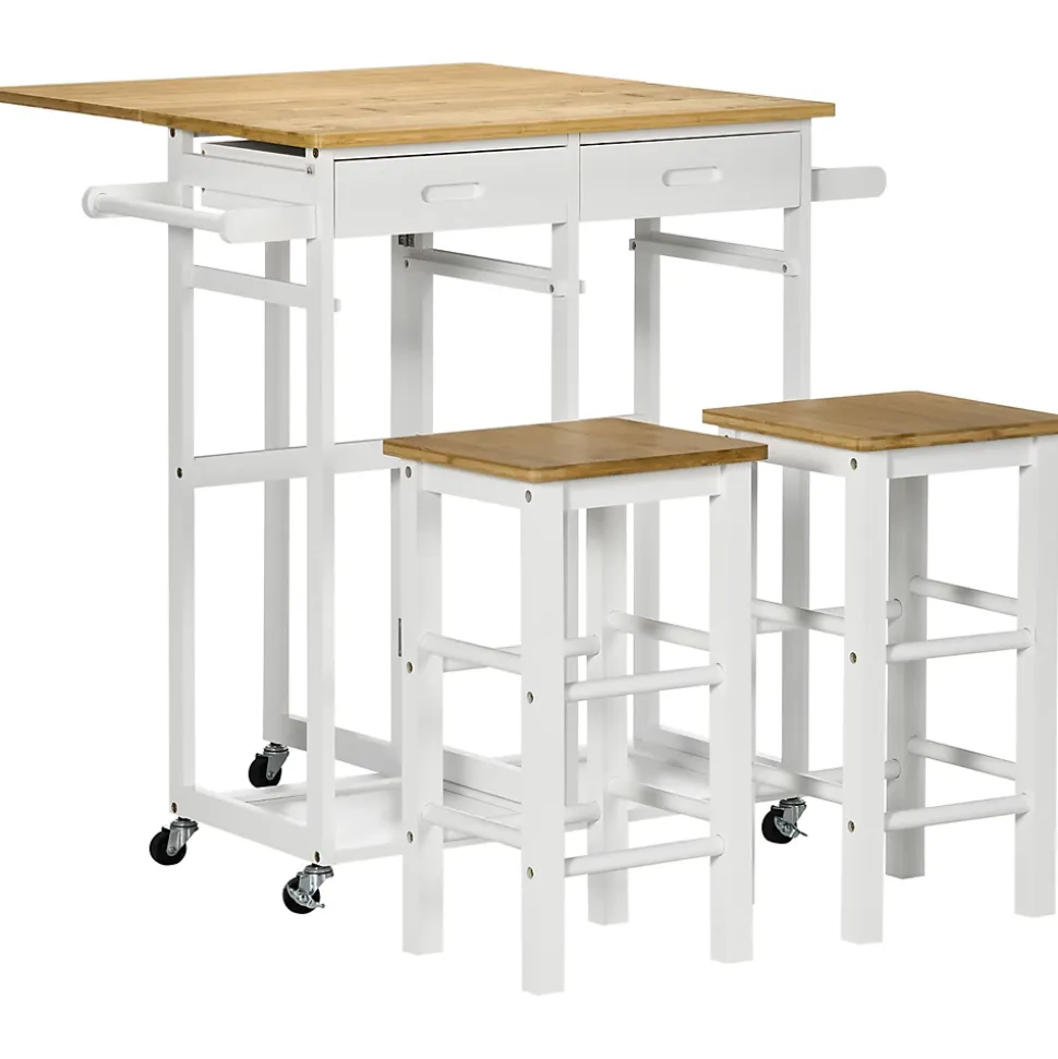 Ensemble table de bar pliable sur roulettes avec 2 tiroirs - 2 tabourets inclus - bois bambou verni et blanc
