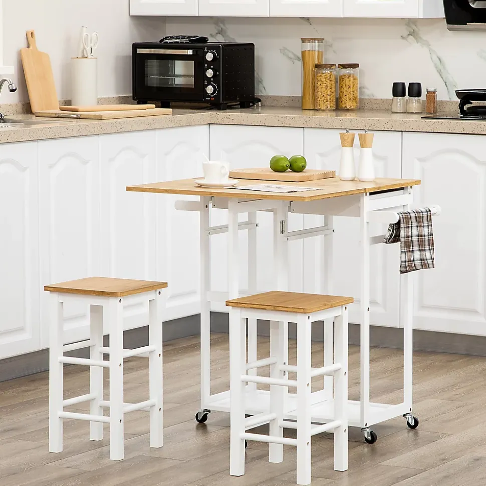 Ensemble table de bar pliable sur roulettes avec 2 tiroirs - 2 tabourets inclus - bois bambou verni et blanc