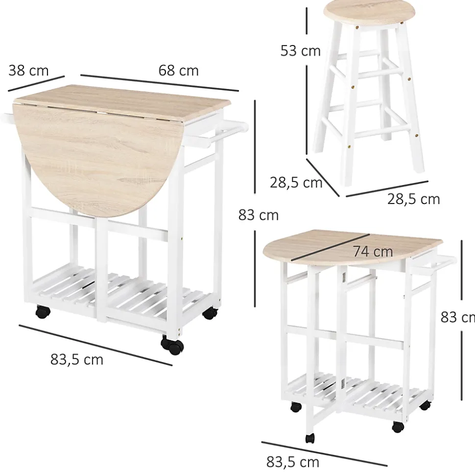 Ensemble table de bar pliable sur roulettes avec étagère et 2 tiroirs + 2 tabourets bois pin MDF blanc chêne clair